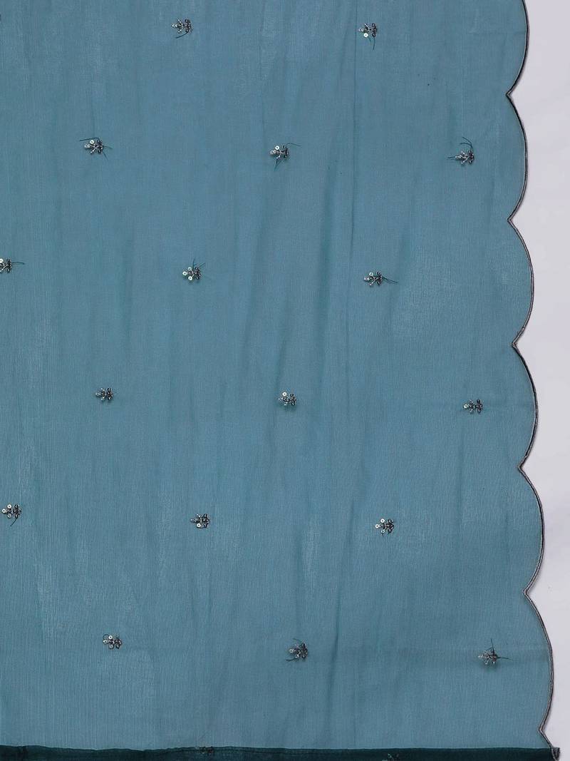 Women Teal Ethnic Motifs Embroidered Sequinned Kurta with Trousers & With Dupatta