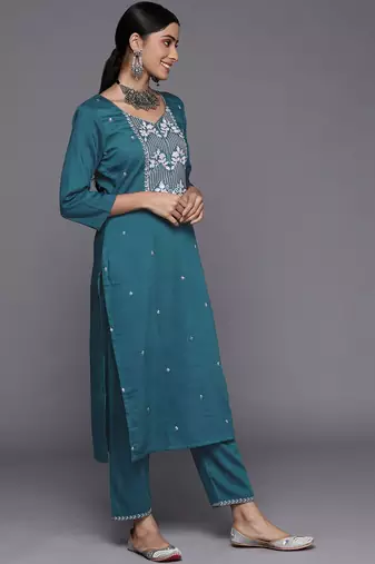 Women Teal Ethnic Motifs Embroidered Sequinned Kurta with Trousers & With Dupatta