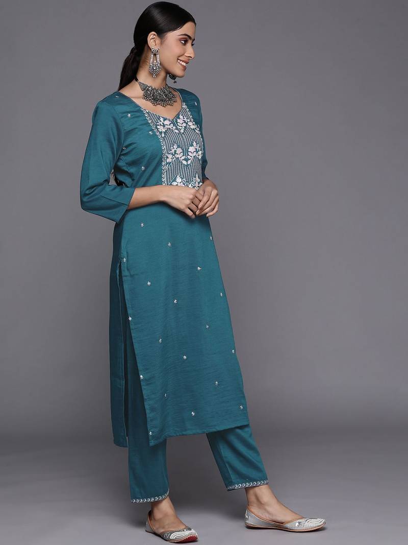 Women Teal Ethnic Motifs Embroidered Sequinned Kurta with Trousers & With Dupatta