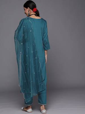 Women Teal Ethnic Motifs Embroidered Sequinned Kurta with Trousers & With Dupatta 6