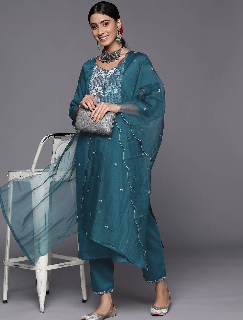 Women Teal Ethnic Motifs Embroidered Sequinned Kurta with Trousers & With Dupatta