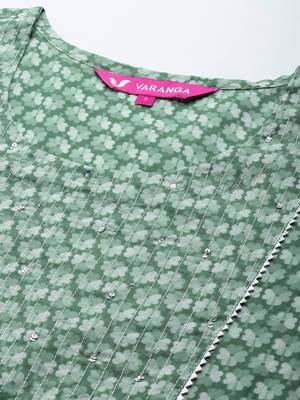 Women Green Floral Printed Pure Cotton Kurta with Trousers & With Dupatta 2
