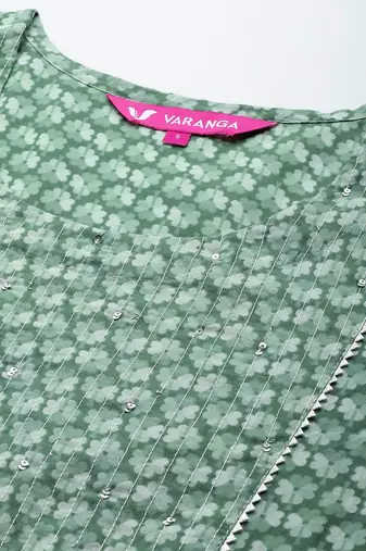 Women Green Floral Printed Pure Cotton Kurta with Trousers & With Dupatta