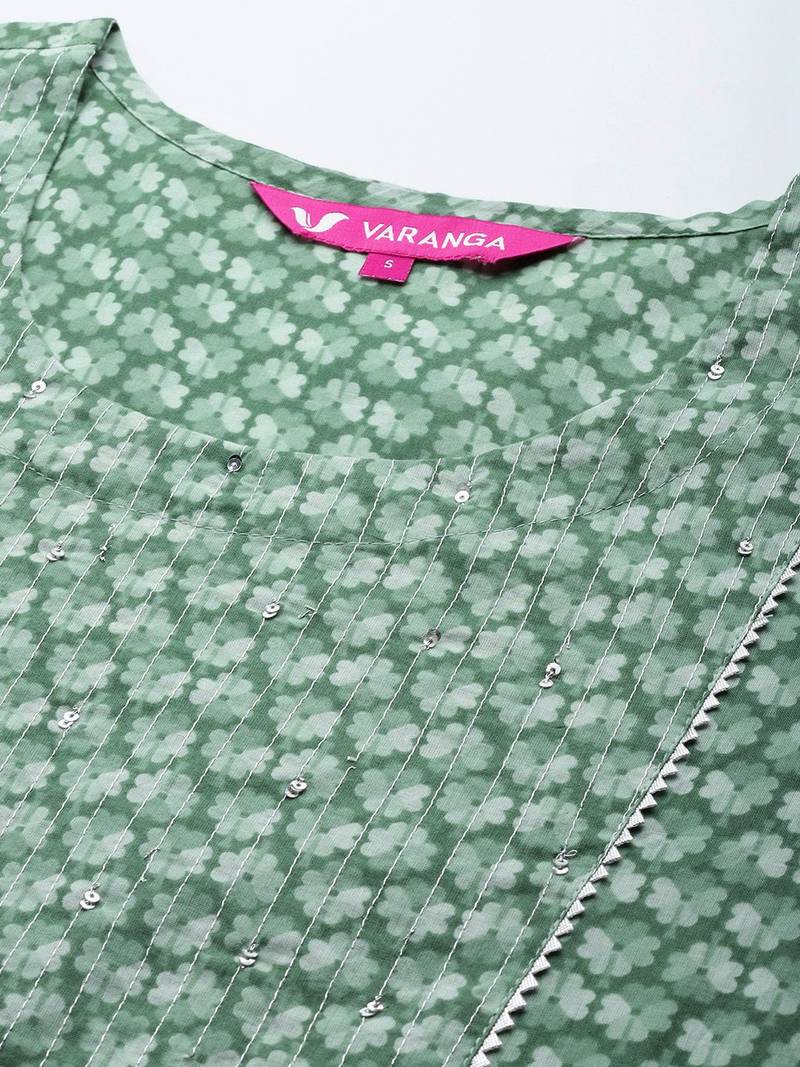 Women Green Floral Printed Pure Cotton Kurta with Trousers & With Dupatta