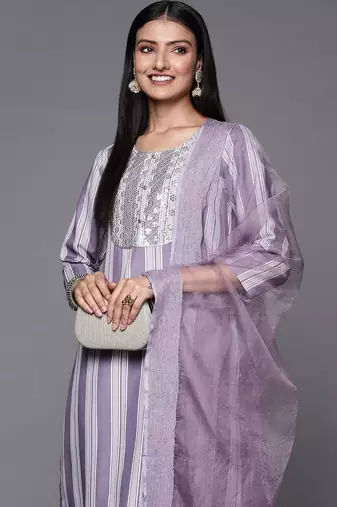 Women Lavender & White Embroidered Kurta with Trousers & Dupatta