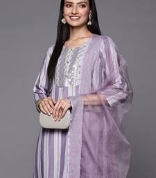Women Lavender & White Embroidered Kurta with Trousers & Dupatta
