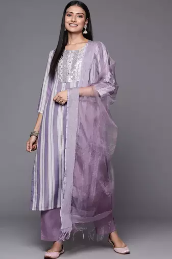 Women Lavender & White Embroidered Kurta with Trousers & Dupatta