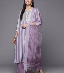 Women Lavender & White Embroidered Kurta with Trousers & Dupatta
