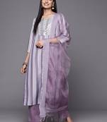 Women Lavender & White Embroidered Kurta with Trousers & Dupatta