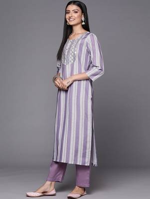 Women Lavender & White Embroidered Kurta with Trousers & Dupatta 6