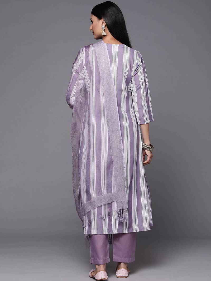 Women Lavender & White Embroidered Kurta with Trousers & Dupatta