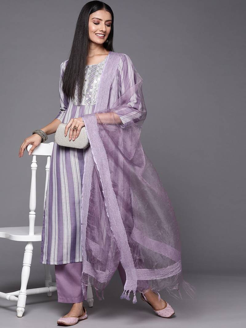 Women Lavender & White Embroidered Kurta with Trousers & Dupatta