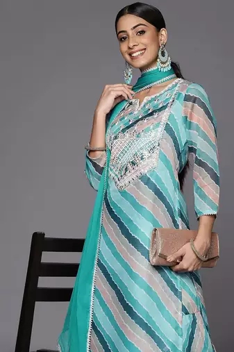 Women Teal Leheriya Printed Gotta Patti Chanderi Cotton Kurta with Sharara & With Dupatta