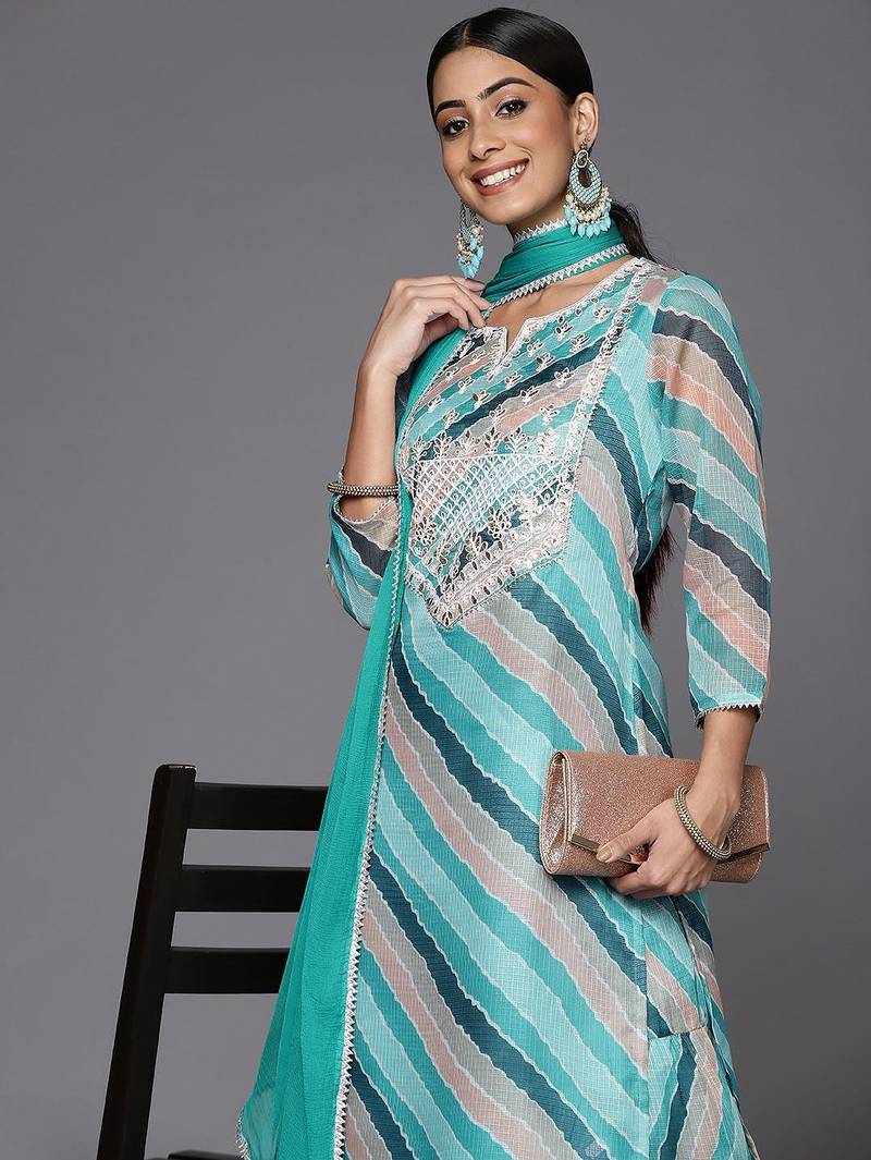 Women Teal Leheriya Printed Gotta Patti Chanderi Cotton Kurta with Sharara & With Dupatta