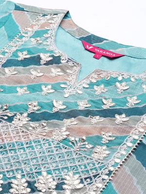 Women Teal Leheriya Printed Gotta Patti Chanderi Cotton Kurta with Sharara & With Dupatta 3