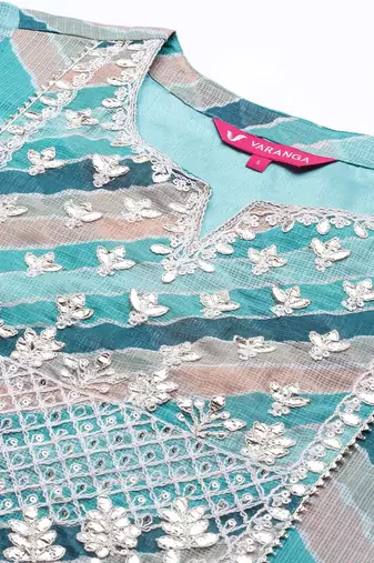 Women Teal Leheriya Printed Gotta Patti Chanderi Cotton Kurta with Sharara & With Dupatta