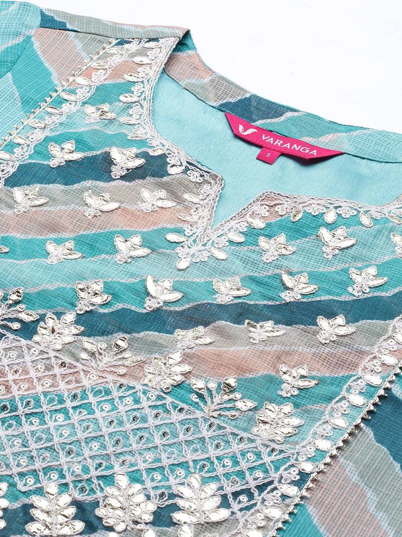 Women Teal Leheriya Printed Gotta Patti Chanderi Cotton Kurta with Sharara & With Dupatta