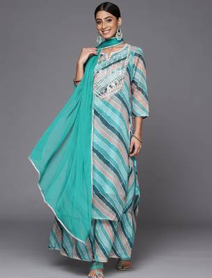 Women Teal Leheriya Printed Gotta Patti Chanderi Cotton Kurta with Sharara & With Dupatta 1