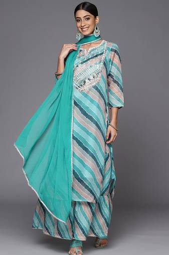 Women Teal Leheriya Printed Gotta Patti Chanderi Cotton Kurta with Sharara & With Dupatta