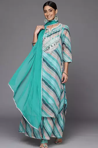 Women Teal Leheriya Printed Gotta Patti Chanderi Cotton Kurta with Sharara & With Dupatta