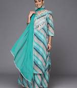 Women Teal Leheriya Printed Gotta Patti Chanderi Cotton Kurta with Sharara & With Dupatta