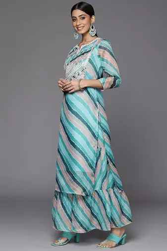 Women Teal Leheriya Printed Gotta Patti Chanderi Cotton Kurta with Sharara & With Dupatta