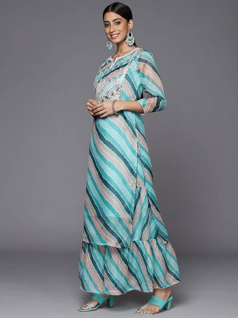 Women Teal Leheriya Printed Gotta Patti Chanderi Cotton Kurta with Sharara & With Dupatta