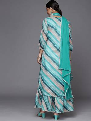 Women Teal Leheriya Printed Gotta Patti Chanderi Cotton Kurta with Sharara & With Dupatta 7