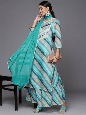 Women Teal Leheriya Printed Gotta Patti Chanderi Cotton Kurta with Sharara & With Dupatta 8