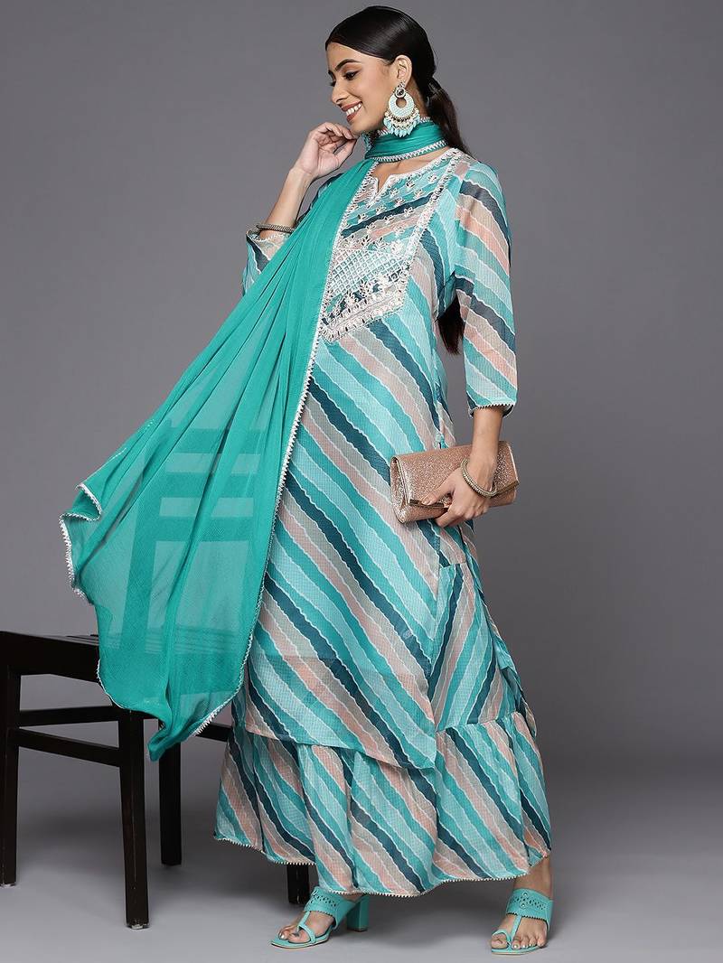 Women Teal Leheriya Printed Gotta Patti Chanderi Cotton Kurta with Sharara & With Dupatta