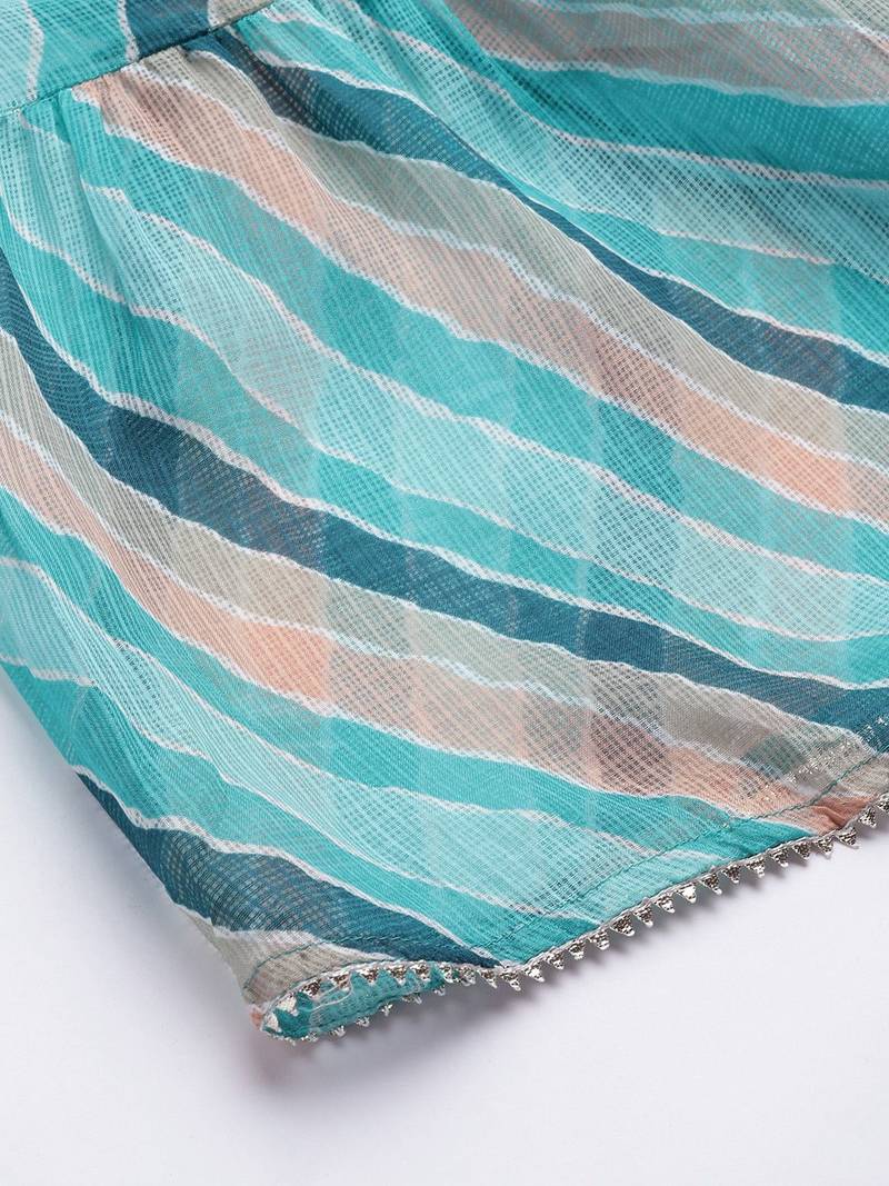 Women Teal Leheriya Printed Gotta Patti Chanderi Cotton Kurta with Sharara & With Dupatta