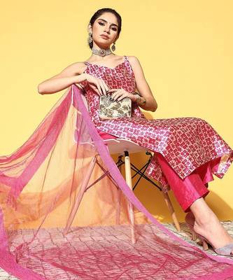 Women Abstract Tussar Silk Spaghetti Straps Kurta Set 1