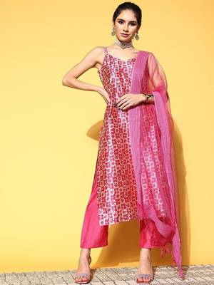 Women Abstract Tussar Silk Spaghetti Straps Kurta Set 2