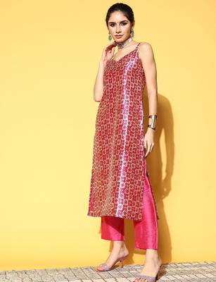 Women Abstract Tussar Silk Spaghetti Straps Kurta Set 4