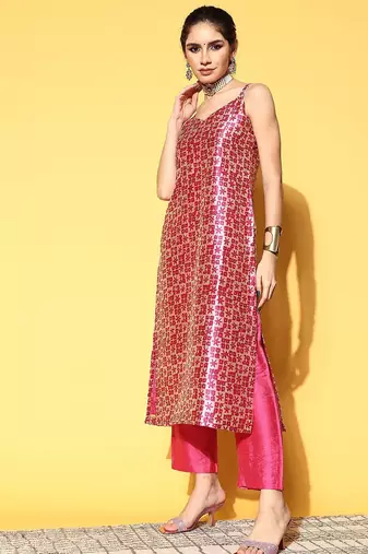 Women Abstract Tussar Silk Spaghetti Straps Kurta Set