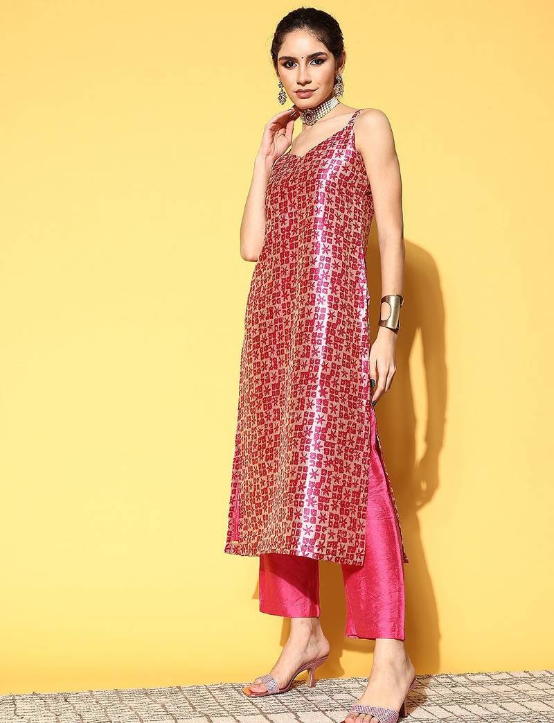 Women Abstract Tussar Silk Spaghetti Straps Kurta Set