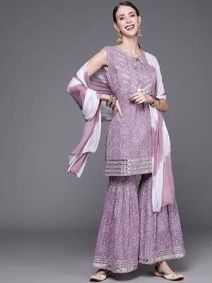 Women Lavender & White Bandhani Pure Cotton Kurti with Sharara & Dupatta 1