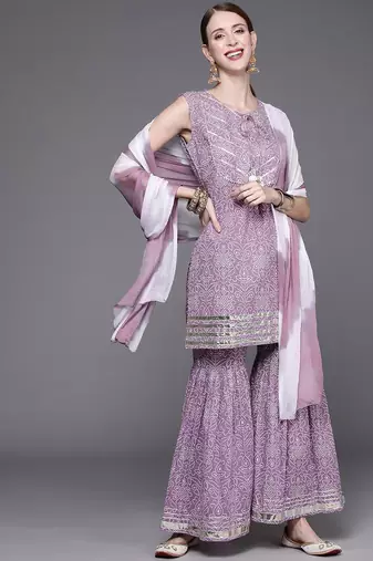 Women Lavender & White Bandhani Pure Cotton Kurti with Sharara & Dupatta