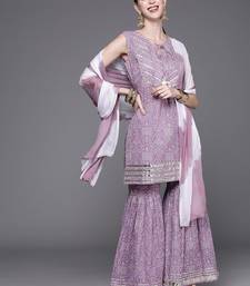 Women Lavender & White Bandhani Pure Cotton Kurti with Sharara & Dupatta