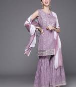 Women Lavender & White Bandhani Pure Cotton Kurti with Sharara & Dupatta
