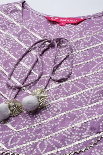 Women Lavender & White Bandhani Pure Cotton Kurti with Sharara & Dupatta