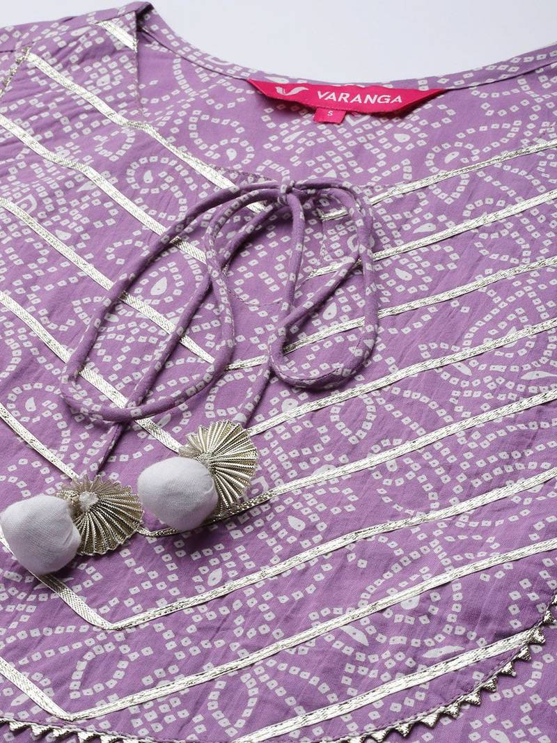 Women Lavender & White Bandhani Pure Cotton Kurti with Sharara & Dupatta
