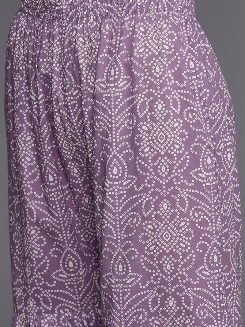 Women Lavender & White Bandhani Pure Cotton Kurti with Sharara & Dupatta