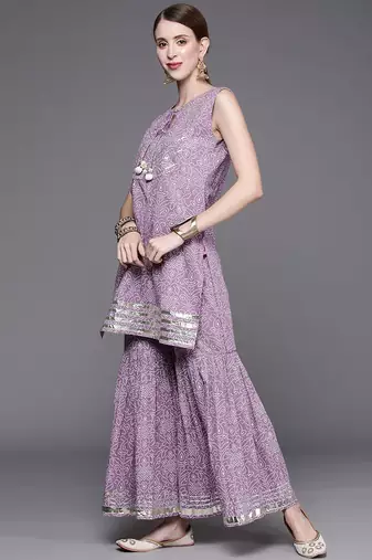 Women Lavender & White Bandhani Pure Cotton Kurti with Sharara & Dupatta