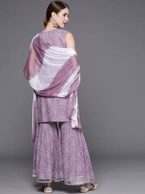 Women Lavender & White Bandhani Pure Cotton Kurti with Sharara & Dupatta 6