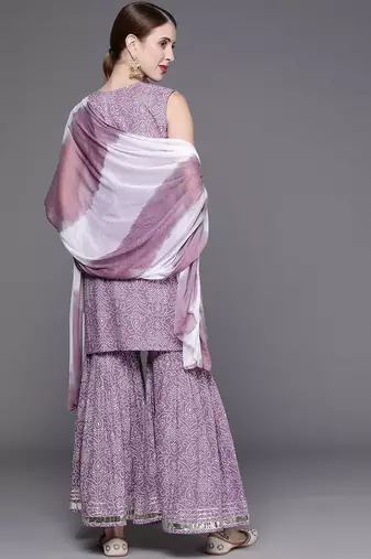 Women Lavender & White Bandhani Pure Cotton Kurti with Sharara & Dupatta