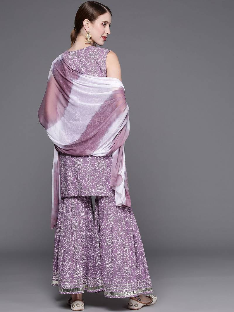 Women Lavender & White Bandhani Pure Cotton Kurti with Sharara & Dupatta