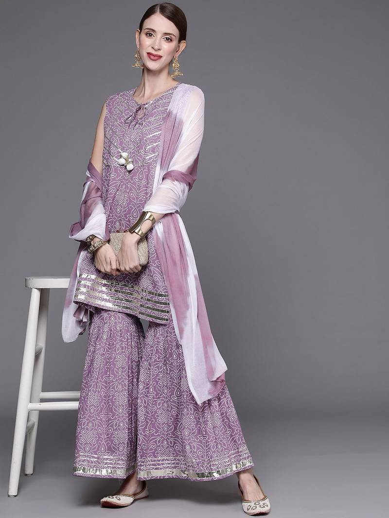Women Lavender & White Bandhani Pure Cotton Kurti with Sharara & Dupatta