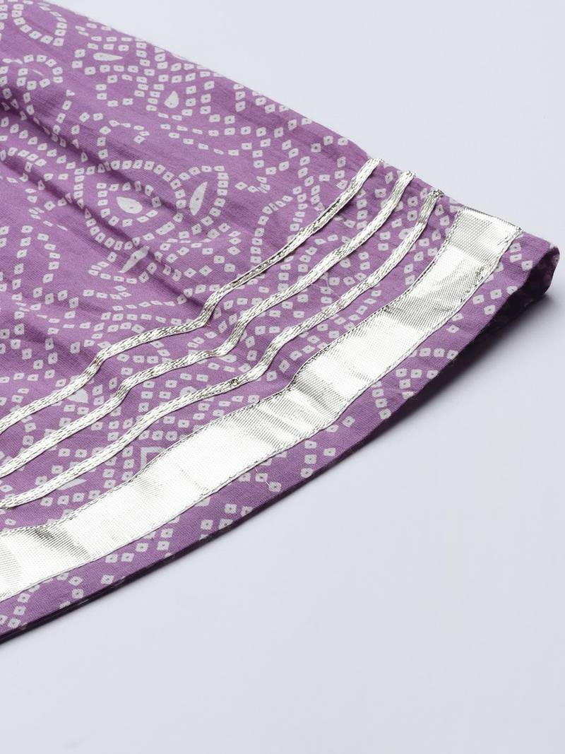 Women Lavender & White Bandhani Pure Cotton Kurti with Sharara & Dupatta