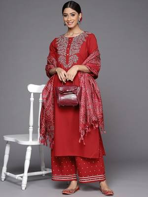 Women Rust Ethnic Motifs Yoke Design Kurta with Palazzos & With Dupatta 1
